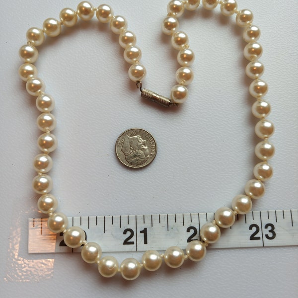 Faux Lustery Pearl Necklace, Hand Knotted 8 3/4 inch Pearl Necklace with Barrel Clasp, 1960's-1970's Era...