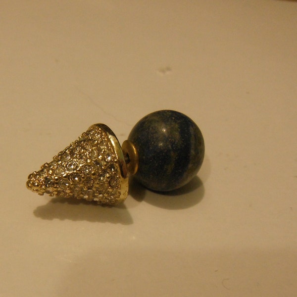 Reversable Genuine Stone Lapis Lazuli Stud Earring with a Gold Tone  Paved Rhinestone Back