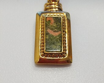 Designer " Roman" Golden Rectangle Pendant with a Polished Green & Pink Agate? Stone Center