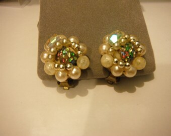 1950's Cluster Clip-on Earrings Featuring Faux Pearls, Golden Beads, Faceted AB Glass Bead & a Multi-colored Glass Center, Japan