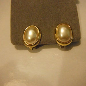 Classic 1980's  Oval Faux Pearl and Gold Tone Trim Clip-on Earrings