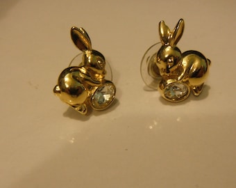 Designer "Avon" 1997~Precious Bunny Pierced Earrings~ Gold Tone Bunny Earrings with Glass Stone Accent--NOS In Original Box!