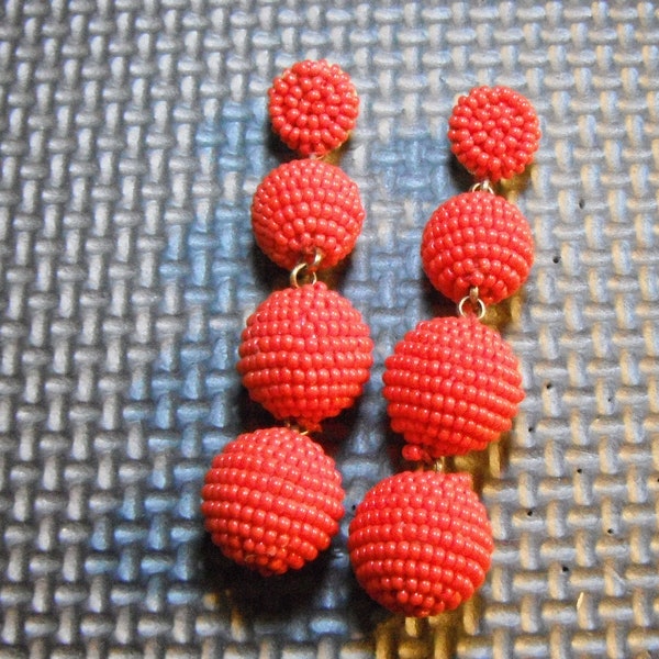 Retro 1970's Red Go-Go Balls Pierced Dangle Earrings, Red Beaded Go-Go Balls Earrings