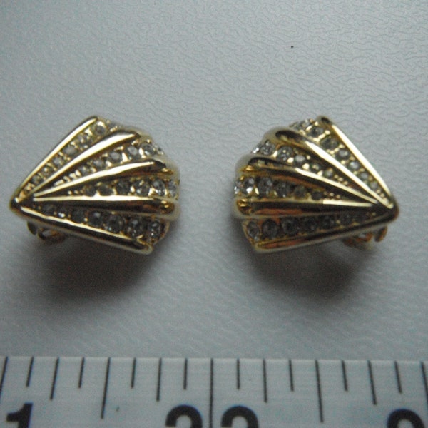 Clam Shell Shaped Vintage Clear Rhinestone Clip-on Earrings, Gold Tone,  1950's-1960's Era...
