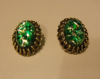 Oval Green Foil Lucite & Gold Tone Trim Clip-on Earrings~ 1960's Era...