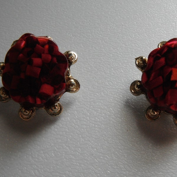 Red Lucite & Gold Tone Clip-on Earrings, 1950's-1960's Era...