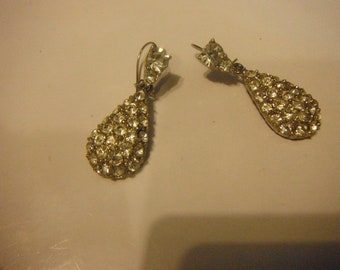 Paved White Rhinestone & Silver Tone Tear Drop Dangle/Drop Pierced Earrings--Used--Good Condition!