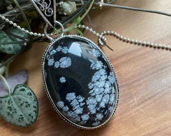Snow Flake Obsidian pendant in silver, "Protective"