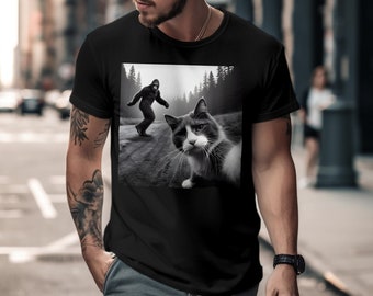 Unisex Bigfoot and Cat T-shirt, Funny Sasquatch Shirt, Forest Adventure Graphic Tee, Cat Selfie with Bigfoot, Funny Cat Lovers Tee