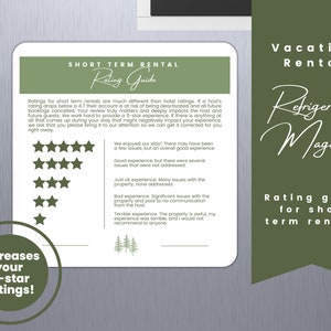 May include: Green and white refrigerator magnet with the text "Vacation Rental Refrigerator Magnet" and "Rating guide for short term rentals". The magnet also includes a rating guide with five stars and descriptions of different levels of guest experience.