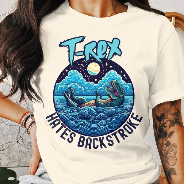 Funny T-Rex Hates Backstroke T-Shirt, Bella 3001, Graphic Swim Shirt, Swim Team Shirt, Dinosaur Lover Shirt, Swimmers and Divers Gift