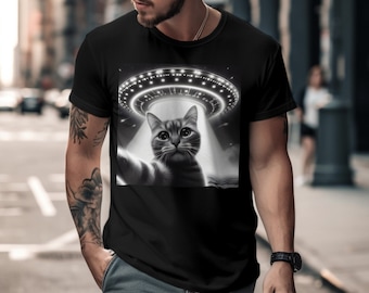 Selfie de gato con camisa OVNI, camiseta de gato OVNI, gatito de encuentro con extraterrestres, regalo para amantes de mascotas de ciencia ficción, ropa con temática espacial, abducción de gatos por extraterrestres