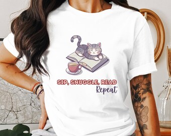 Cozy Reading Cat T-Shirt, Sip, Snuggle, Read Repeat, Gift for Cat and Book Lovers, Gift for Coffee and Cat lovers, Long and Short Sleeve Tee