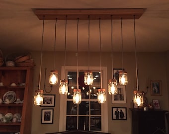 Mason Jar Chandelier - 9 Light - Rustic Wood Chandelier - Vintage Lighting - Mason Jar Pendants - Candelabra Bulbs (E12)