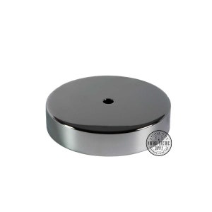 May include: A round, polished chrome ceiling canopy with a central hole. The canopy has a reflective surface and a rounded edge. The logo "VINTAGE ELECTRIC SUPPLY" is visible on the right side. This product is for electrical fixtures.