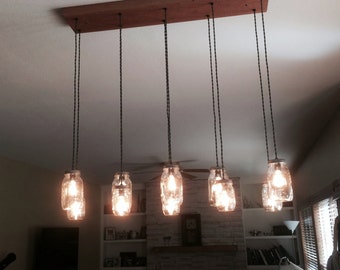 Mason Jar Chandelier - 10 Light DIY Kit - Red Oak - Rustic Wood Chandelier - Vintage Lighting - Mason Jar Pendants