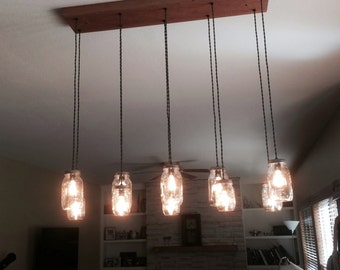 10 Light DIY Mason Jar Chandelier - Red Oak - Rustic Wood Chandelier - Vintage Lighting - Mason Jar Pendants - Candelabra Socket (E12)