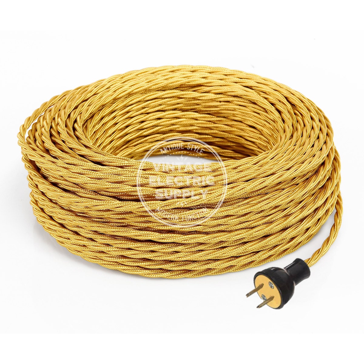 Gold Cloth Covered Cord Set with Antique Style Plug