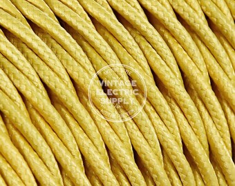 Yellow Twisted Cloth Covered Wire - Vintage Lamp Cord - Antique Fan Cord - Fabric Cable