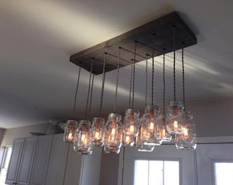 Barnwood Grey DIY 14 Light Mason Jar Chandelier - Rustic Wood Chandelier - Vintage Lighting - Mason Jar Pendants - Candelabra Sockets (E12)