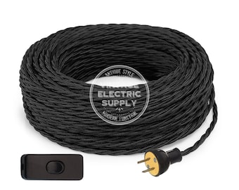 Black Rayon Twisted Switched Cordset - Cloth Covered Round Rewire Set - Antique Lamp & Fan Cord