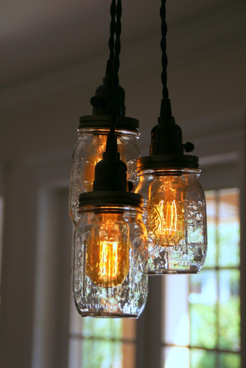 3 Light Mason Jar Chandelier Clear Pint image 1