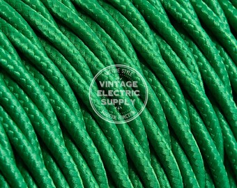 Green Twisted Cloth Covered Wire - Vintage Lamp Cord - Antique Fan Cord - Fabric Cable