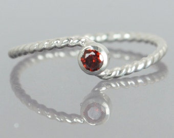 Wave Ring, Silver Wave Ring, Garnet Mothers Ring, January Birthstone,  Silver Twist Ring, Unique Mother's Ring, Garnet Ring, Sterling Silver