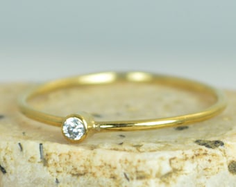 Tiny CZ Diamond Ring,  Solid Gold Diamond Stacking Ring, Solid 14k Gold Diamond Ring, Diamond Mothers Ring, April Birthstone, Diamond Ring