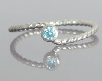 Wave Ring, Silver Wave Ring, Aquamarine Mothers Ring, March Birthstone, Silver Twist Ring, Unique Mother's Ring, Aquamarine Ring, March