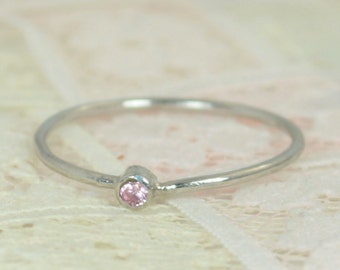 Tiny Pink Tourmaline Ring Set, Solid White Gold Wedding Set, Stacking Ring, White Gold Tourmaline Ring, October Birthstone, Bridal Set