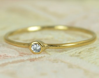 Tiny Diamond Ring Set, Solid 14k Gold Wedding Set, Diamond Stacking Ring, Solid Gold Diamond Ring, April Birthstone, Bridal Set, Diamond