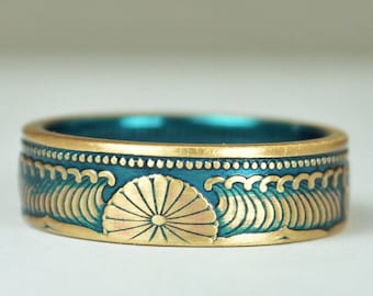 Japanese Coin Ring, Turquoise Ring, Wave Ring, Japanese Art, Brass Ring, unique ring, bohemian ring, Art nouveau, 21st anniversary