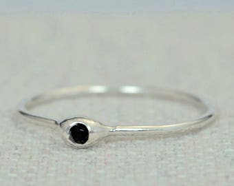 Dainty Silver Black Spinel Mothers Ring, Black Spinel, Tiny Spinel Ring, Dew Drop Ring, Sterling Silver, Stacking Ring, Birthday Gift