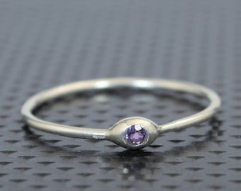 Dainty Sterling Silver Amethyst Mothers Ring, Amethyst Birthstone, Tiny Amethyst Ring, Dew Drop Ring, Stacking Ring, February Birthday Gift