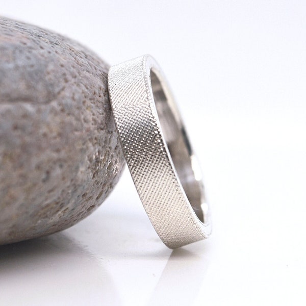 Flat 4mm Silver Ring with Florentine Finish - Unique Textured Wedding Band, Elegant Sterling Silver Jewelry, Minimalist and classy