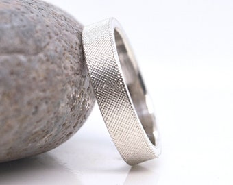Flat 4mm Silver Ring with Florentine Finish - Unique Textured Wedding Band, Elegant Sterling Silver Jewelry, Minimalist and classy