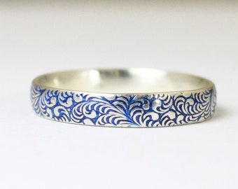 Floral Band, Silver Flower Ring, Swirl Ring, Blue Ring, Sterling Silver Ring, Sterling Stack Ring, Silver Band, Romantic Boho Ring