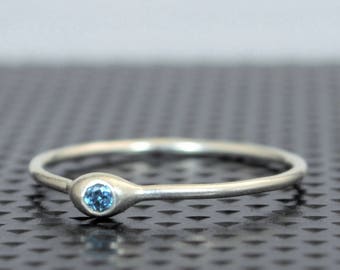 Dainty Sterling Silver Blue Zircon Mothers Ring, Birthstone, Tiny Blue Zircon Ring, Dew Drop Ring, Stacking Ring, December Birthday Gift