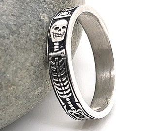 Sterling Silver Skeleton Ring, Memento Mori Jewelry, Mourning Ring, goth band, memorial ring,  Free Inside Ring Engraving