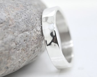 Sterling Silver Hammered Ring - 4mm Wide Bohemian Wedding Band, Minimalist 925 Sterling Band, Unique Bridal Jewelry, Elegant Sterling Band