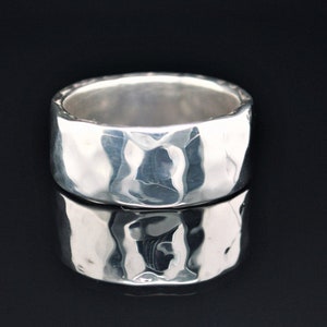 9mm Wide Solid Sterling Silver Hammered Wedding Band Wide image 1