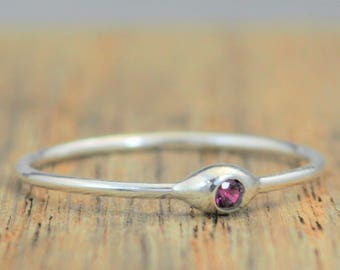 Dainty Silver Ruby Mothers Ring, Ruby Birthstone, Tiny Ruby Ring, Dew Drop Ring, Sterling Silver, Stacking Ring, July Birthday Gift