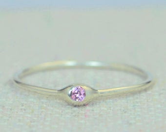 Dainty Sterling Silver Pink Tourmaline Mothers Ring, Birthstone, Tiny Tourmaline Ring, Dew Drop Ring, Stacking Ring, October Birthday Gift