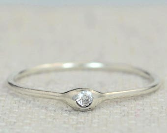 Dainty Silver Diamond Mothers Ring, Diamond Birthstone, Tiny Diamond Ring, Dew Drop Ring, Sterling Silver, Stacking Ring,April Birthday Gift