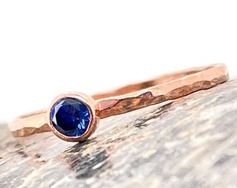 Dainty Rose Gold Filled Sapphire Ring, Hammered Rose Gold, Stacking Rings, Mother's Ring, September Birthstone Ring, Rustic Sapphire