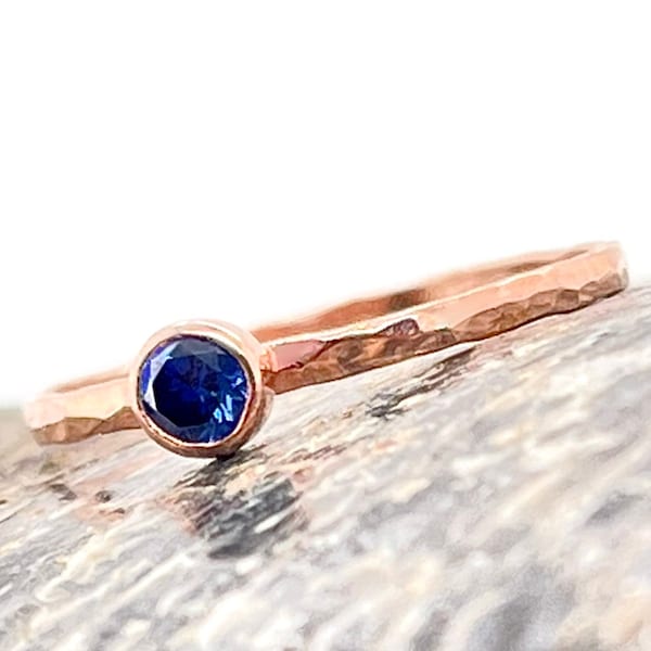 Dainty Rose Gold Filled Sapphire Ring, Hammered Rose Gold, Stacking Rings, Mother's Ring, September Birthstone Ring, Rustic Sapphire