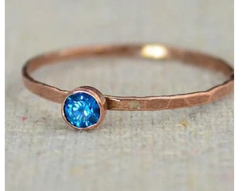 Dainty Copper Blue Zircon Ring, Hammered Copper, Blue Zircon Mother's Ring, Decembers Birthstone Ring, Copper Jewelry, Blue Zircon Ring