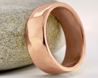 8mm Wide Solid Rose Gold Hammered Wedding Band, Choose 10k, 14k, or 18k Rose Gold, Rustic Wedding Ring, Heavy Rose Gold Ring
