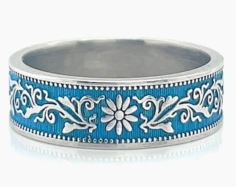 Vine & Blossom Japanese Floral Ring in Sterling Silver.  Blue ring, wedding ring, bohemian ring.